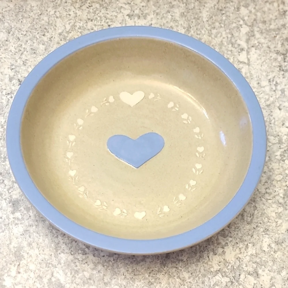 Studio Pottery Blue and Cream Heart Design Pie Plate Bowl